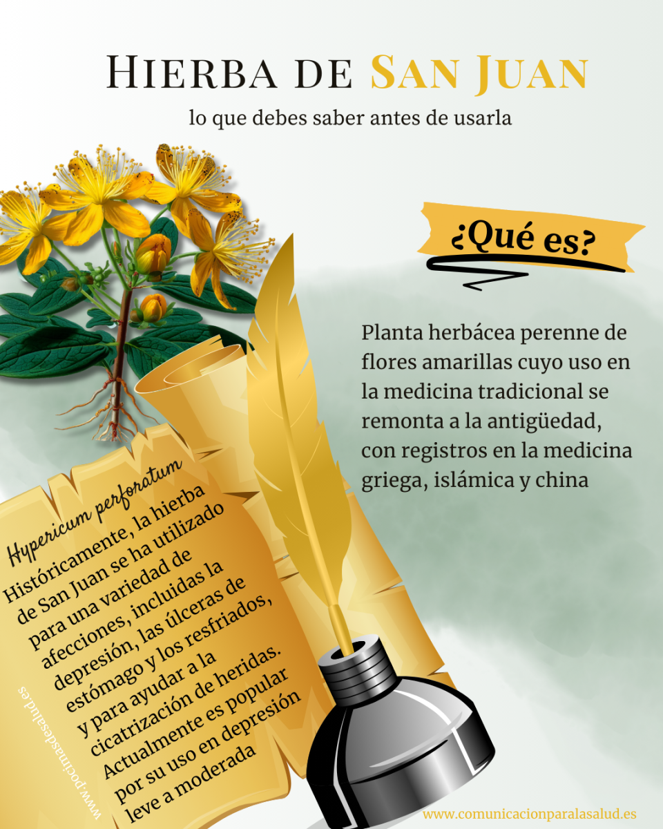 Infografía introductoria sobre la Hierba de San Juan: qué es, su uso tradicional en medicina y las principales afecciones tratadas históricamente, con ilustración botánica y pluma antigua.