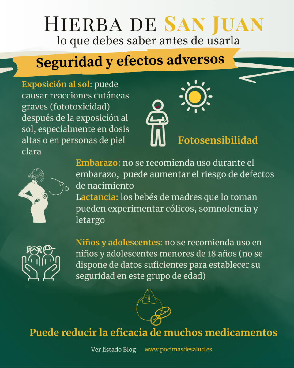 Infografía sobre seguridad y efectos adversos de la Hierba de San Juan. Advierte sobre fotosensibilidad, riesgos en embarazo, lactancia, niños y adolescentes, y la posible reducción de la eficacia de muchos medicamentos.