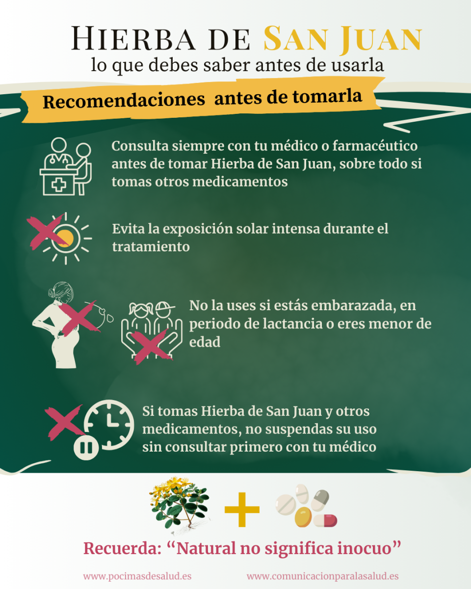 Infografía sobre recomendaciones antes de tomar Hierba de San Juan. Incluye advertencias sobre consultar siempre con el médico o farmacéutico, evitar la exposición solar intensa, no usar en embarazo, lactancia o menores de edad, y no suspender su uso bruscamente si se combina con otros medicamentos. Destaca la frase: “Natural no significa inocuo”.